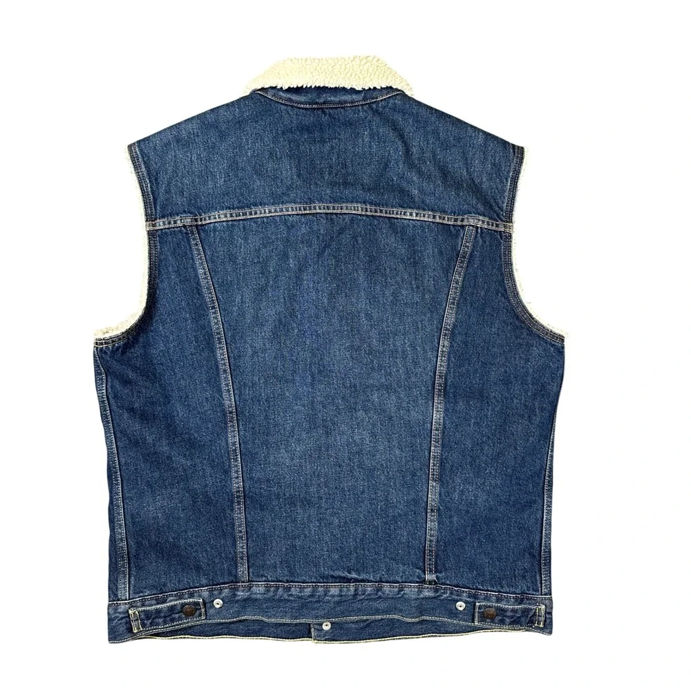 Levis Premium Relaxed Sherpa Trucker Jacket Mens Med Blue Denim Faux Fur Lining